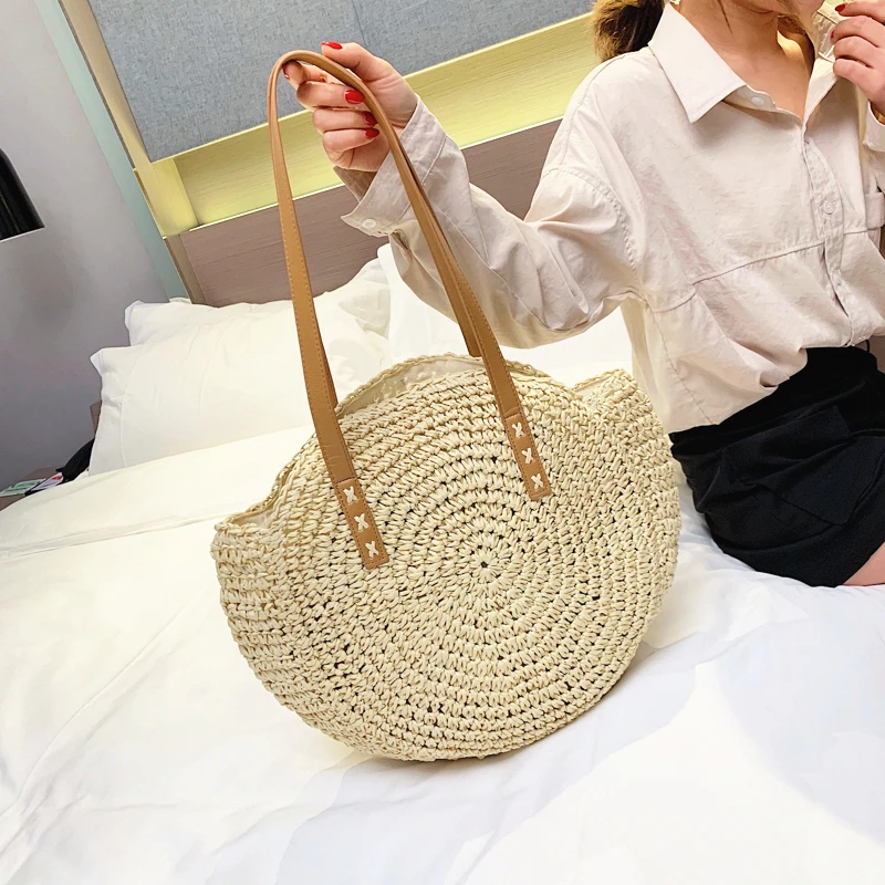 2020 Summer Round Straw Bags for Women Rattan Shoulder Bag Handmade Woven Beach Handbags Female Message Handbag Totes Bag
