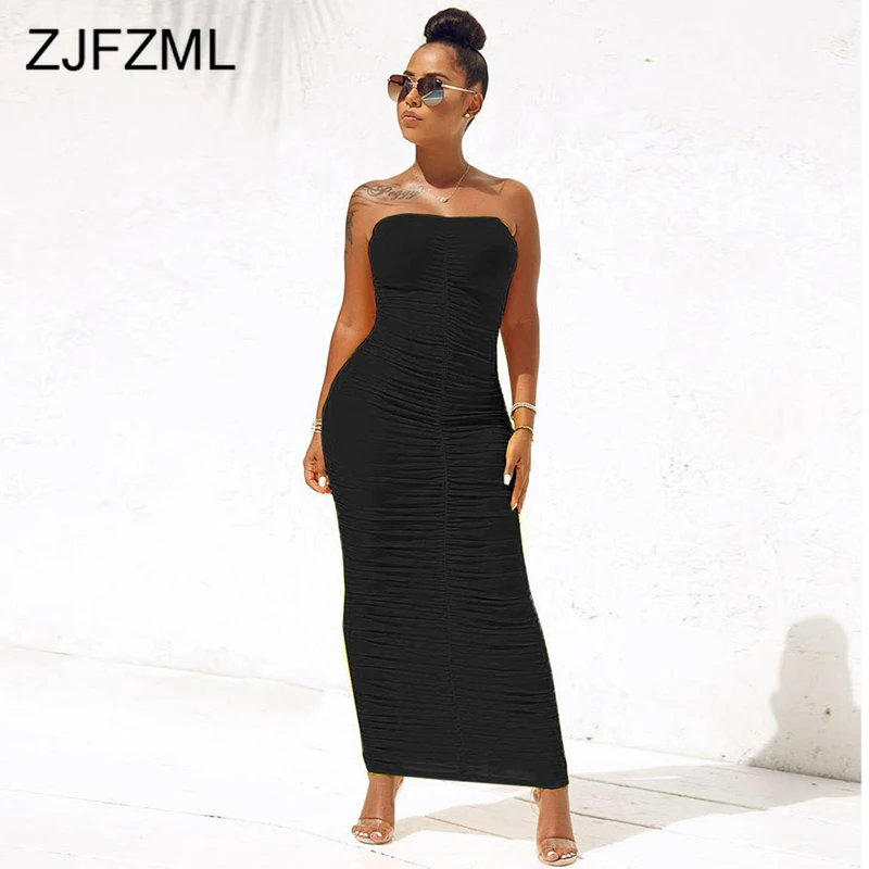 

Strapless Pleated Sexy Bodycon Dresses Women Backless Drawstring Maxi Long Party Dress Summer Elastic Candy Color Bandage Dress