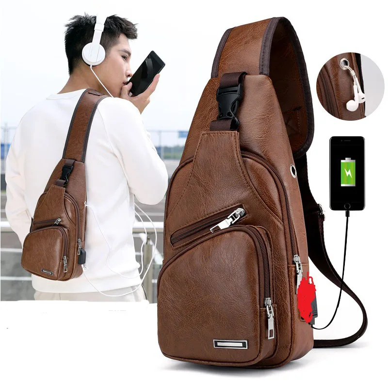 

Classical Men's chest Bags USB bust pockets square PU leather men's bag with headphone hole casual zipper business boy Crossbody Shoulder bag classic solid color business travel men women Messenger bag