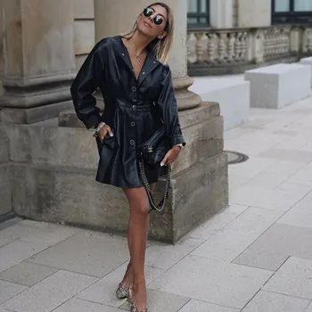 

Spring Women Pocket Leather Jacket Solid Ultralight Warm Overcoat Retro Black Long Coat Outwear Fashion Ladies Tops Clothing