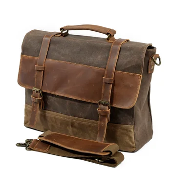 

New Style Water-Proof Oil Wax Canvas with Cowhide Leather Briefcase Europe And America Men's Bag Retro Briefcase Shoulder Handba