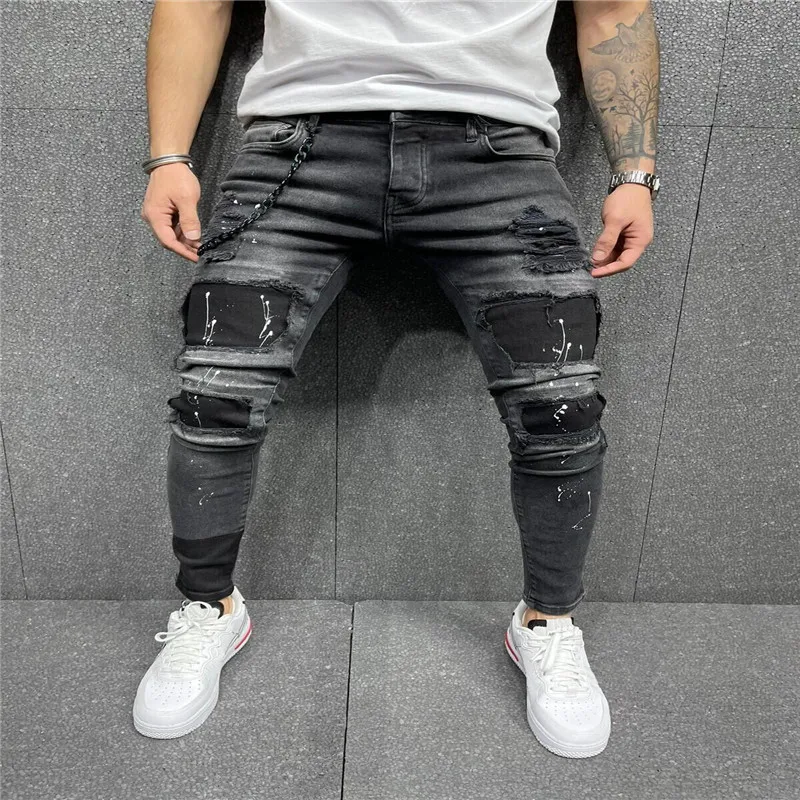 Men's Plus-Size Trousers With Holes In Print Patch Casual Fashion Trend Stretch Tight Skinny Leg Midrise Jeans