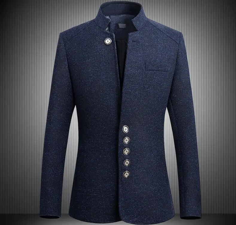 Осенне-зимний мужской пиджак с воротником-стойкой, приталенный модный пиджак в Корейском стиле, пиджак, Мужской умный повседневный элегантный Блейзер, большие размеры 5XL - Цвет: dark blue