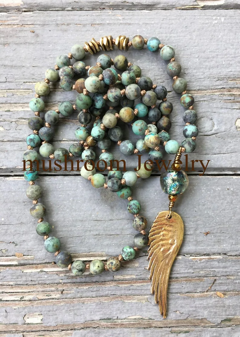 

Hand Made Knot african Turquoise Stone Beaded Necklace Angle Wing Charm Necklace