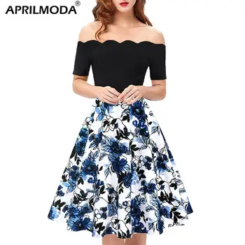 

Women Floral Print Vintage Dress Slash Neck Half Sleeve Patchwork Sexy Party Dress Elegant A Line Pinup Swing 50s Dress Vestidos