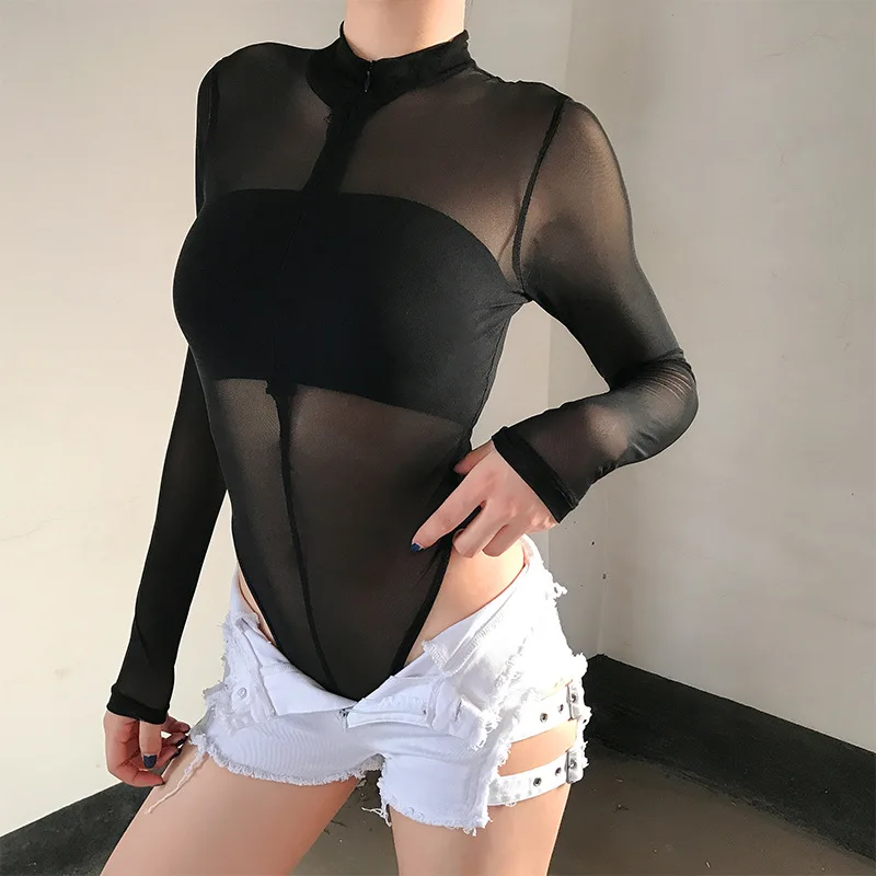 Арцу боди Тощий прозрачный комбинезон из сетки с длинным рукавом Bodycon сексуальный клубный Черный Боди тела Mujer уличная одежда ASJU20596