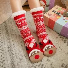 Christmas Fluffy Slippers Socks Women Soft Winter Warm Plush Non Slip Grip Female Floor Fuzzy Striped Sock Snowman Santa Gifts