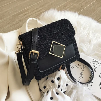 

Solid Color Simple Wool+PU Crossbody Bags For Women 2019 New Fashion Small Messenger Shoulder Bag Lady Handbags Lock Hand Bag