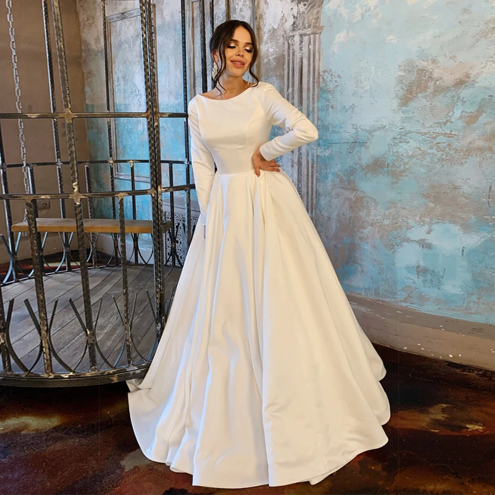 satin a line wedding dress with sleeves