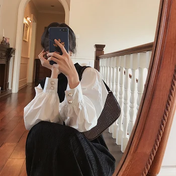 

Stitching Dress Temperament Goddess Fan Clothes 2020 Spring New Shirt Pearl Pop Skirt