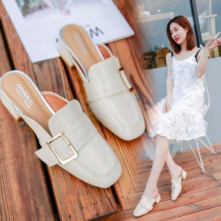 

Closed-toe ban tuo xie Women's Summer Outer Wear 2019 New Style Fashion Chunky-Heel Versatile No Heel Loafers Semi-high Heeled S
