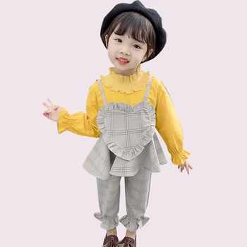 

Baby Clothes Girl Plaid Blouse + Flare Pants Suit For Girls Patchwork Fake 3 Pcs Girls Clothes Fashion Spring Clothes For Girls