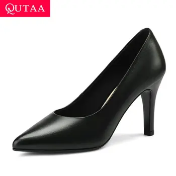 

QUTAA 2020 Pointed Toe Mature Stilettos Thin High Heel Quality Office Slip on Women Shoes Cow Leather Ladies Pumps Size 34-41