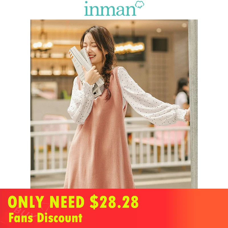 

INMAN 2019 Autumn New Arrival Retro Wave Point Agaric Lace Stand up Collar Dress with Solid V-neck Sweater Women Two Pieces Suit