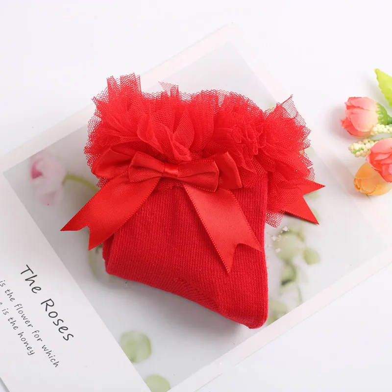 Red Новые носки для новорожденных девочек детские кружевные короткие носки принцессы с бантом и цветочным принтом, Нескользящие короткие носки хлопок, отделка рюшами - Цвет: Red