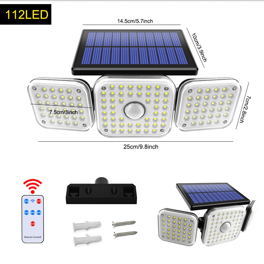 Solar Lights Outdoor 182/112 LED Wall Lamp with Adjustable Heads Security LED Flood Light IP65 Waterproof with 3 Working Modes