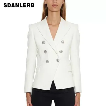 

White Blazer for Women 2019 Spring Autumn Solid Color Double Row Buckle Silver Metal Buckle Small Suit Coat Ladies Black Blazers