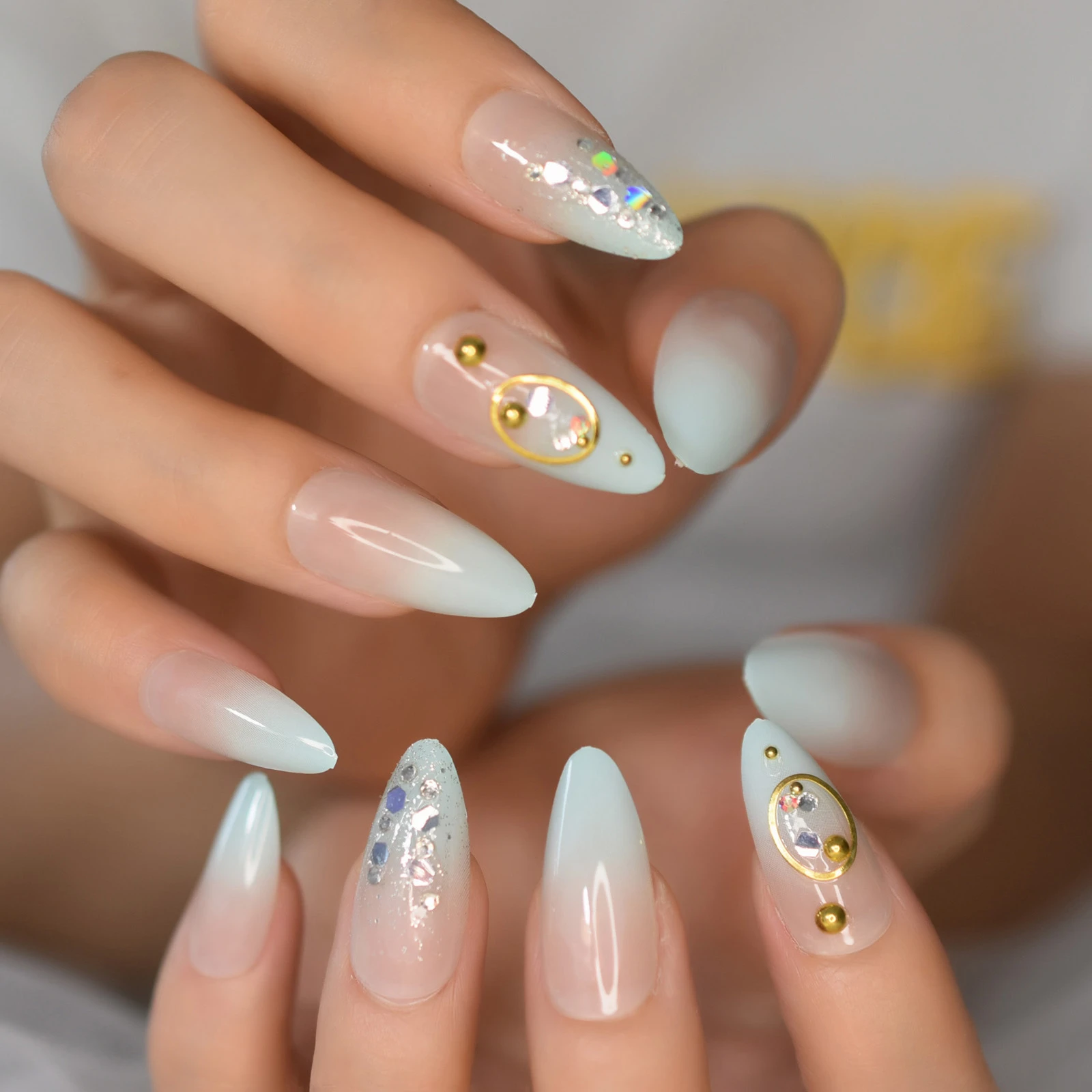 Almond Bling Press On Nails Medium Length French Nude Green Ombre False Nail  Tips Gold Ring Glossy Fake Nails Designer - False Nails - AliExpress