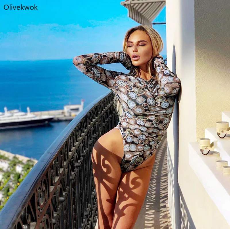 Olivekwok, сексуальные перчатки с круглым вырезом и длинным рукавом, персональный принт, боди, женская весенняя одежда, вечерние, Клубная одежда, комбинезон P9B1479K