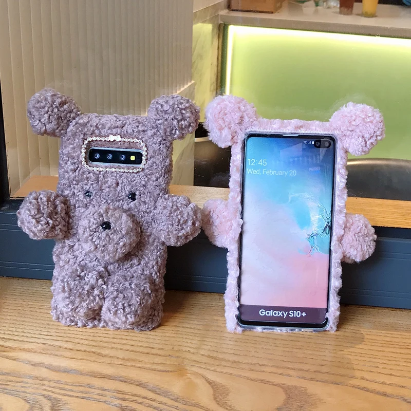 3D чехол с милым плюшевым медведем для samsung Note 10 8 9, теплые пушистые мягкие чехлы с хрустальным окошком для samsung Galaxy S10 S9 Plus
