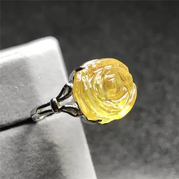 

14mm Top Natural Flower Carved Yellow Amber Ring Jewelry For Woman Man Crystal Beads Silver Stone Fashion Adjustable Ring AAAAA
