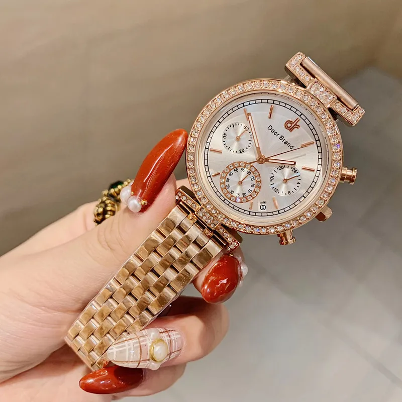 Соблазнительные блестящие полностью красные часы для женщин, рабочие часы с суб-циферблатом и календарем, наручные часы, водонепроницаемые часы из натуральной кожи с кристаллами, кварцевые часы
