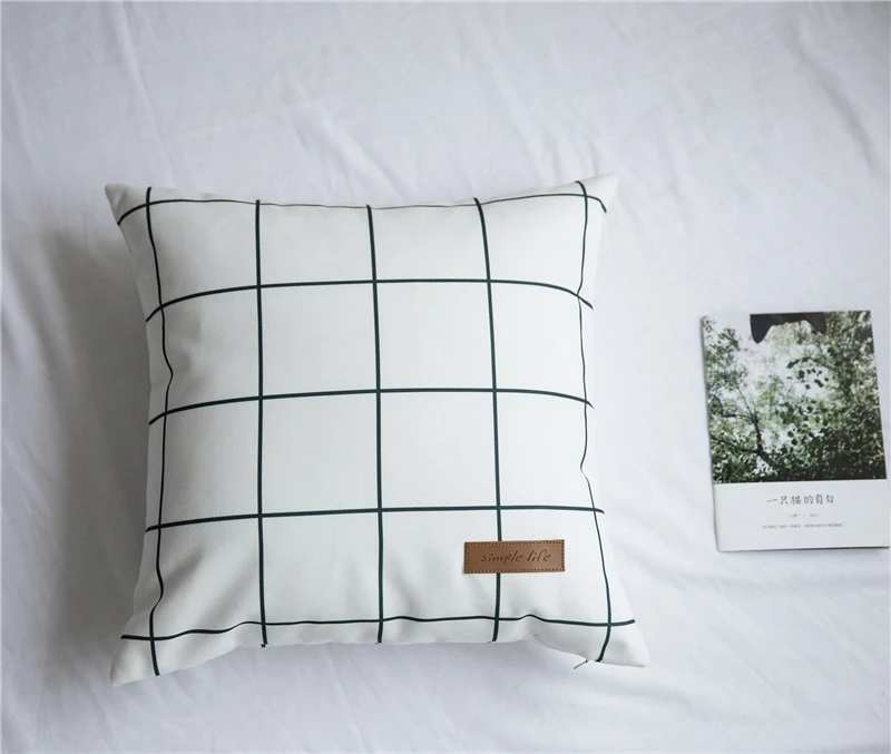 White square Nordic Literature Modern Pillow Cover Simple Canvas Stripe Lattice Printed Cushion Cover Home Bay Window Sofa Decoration 45x45 - Цвет: White square