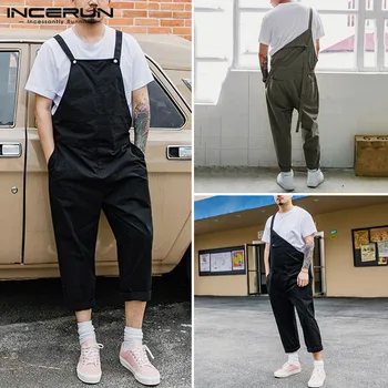 

New Fashion Men Bib Overalls 2020 Pockets Loose Joggers Solid Color Bib Pants Men Streetwear Casual Suspender Jumpsuit INCERUN