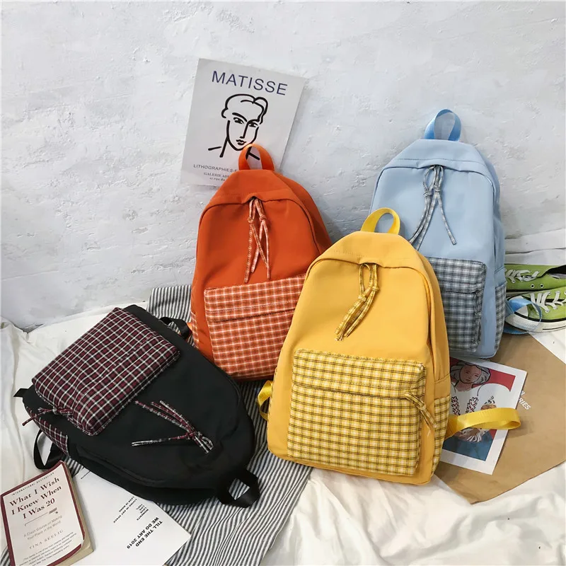 

Korean-style INS Super Fire Backpack Hipster Contrast Color Plaid Canvas Bag College Style Middle School Students School Bag Fem