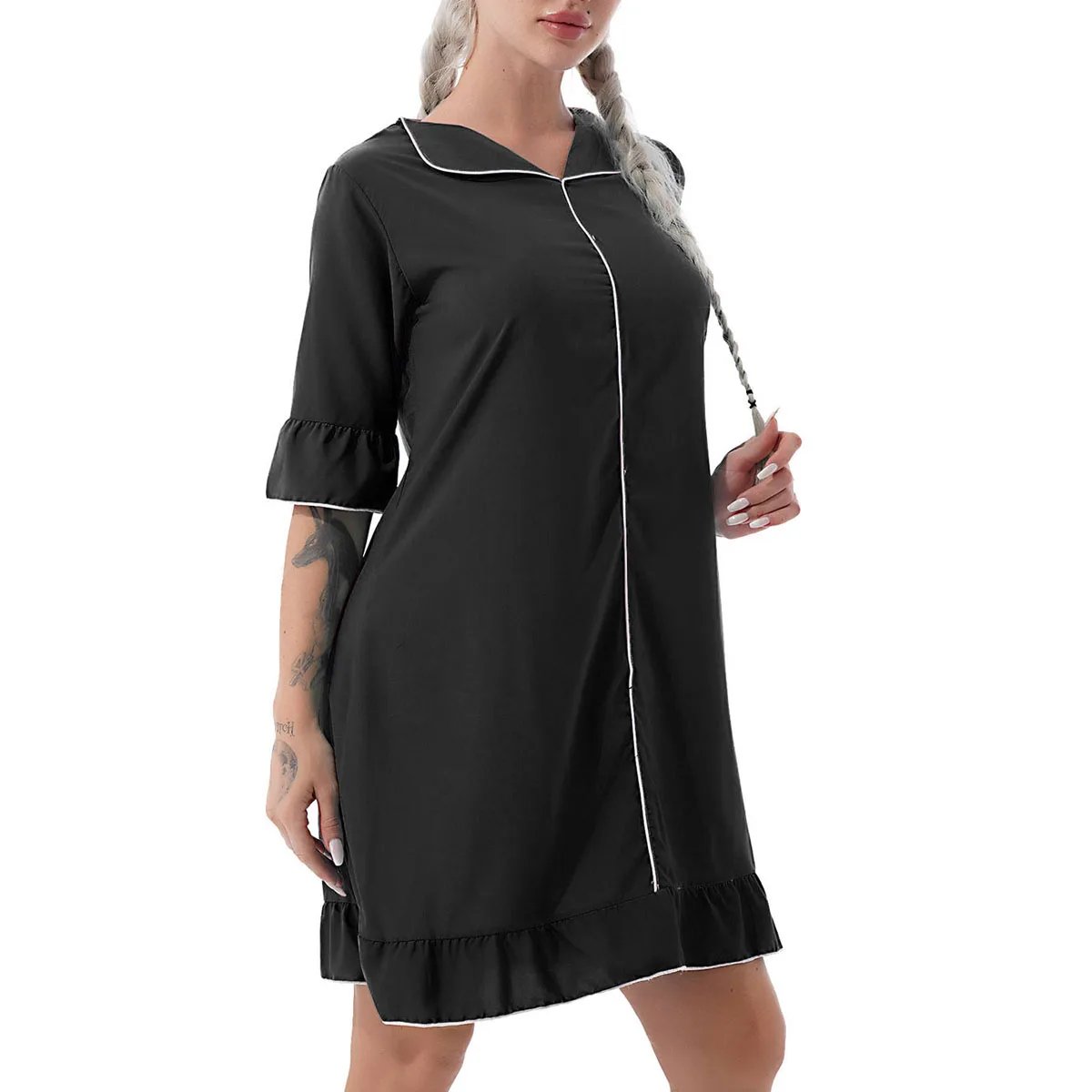 Women Nightdress Turn-down Collar Half Sleeve Ruffled Nightgowns Casual Homewear Nightwear