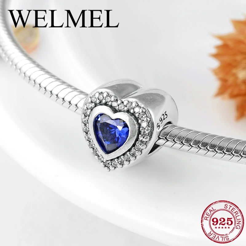 

925 Sterling Silver DIY charming blue CZ decorate heart shape fine beads Fit Original Pandora Charm Bracelet Jewelry making