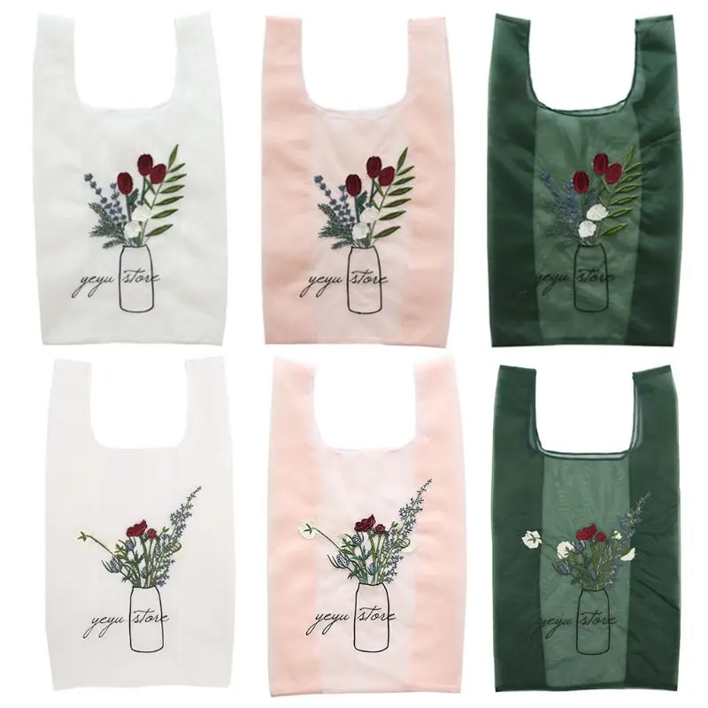 

Embroidery Handy Shopping Bags Reusable Tote Pouch Recycle Storage Handbags
