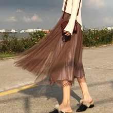 Сплошной Золотой Бархат осень-зима миди Тощий сетка; с высокой талией вечерние плиссированные модная обувь для танцев для девочек Повседневное Для женщин юбка с эластичной резинкой для взрослых