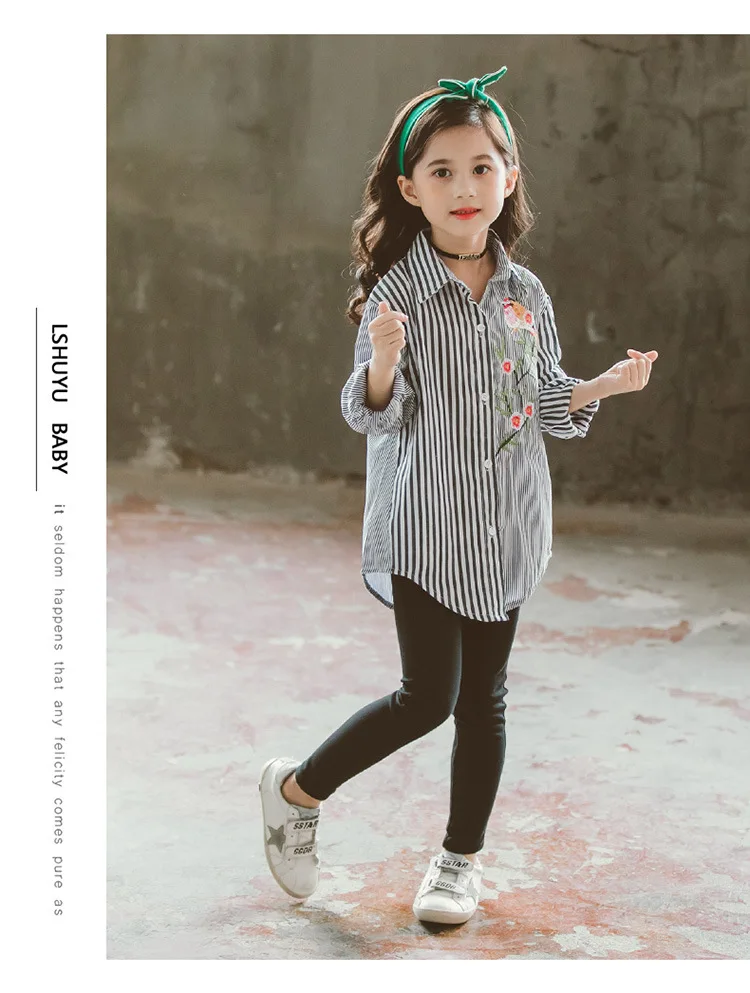 Girls Autumn Clothing New Style Flower Embroidered Striped Shirt Joint Long Sleeve Korean-style Fold-down Collar Long-sleev
