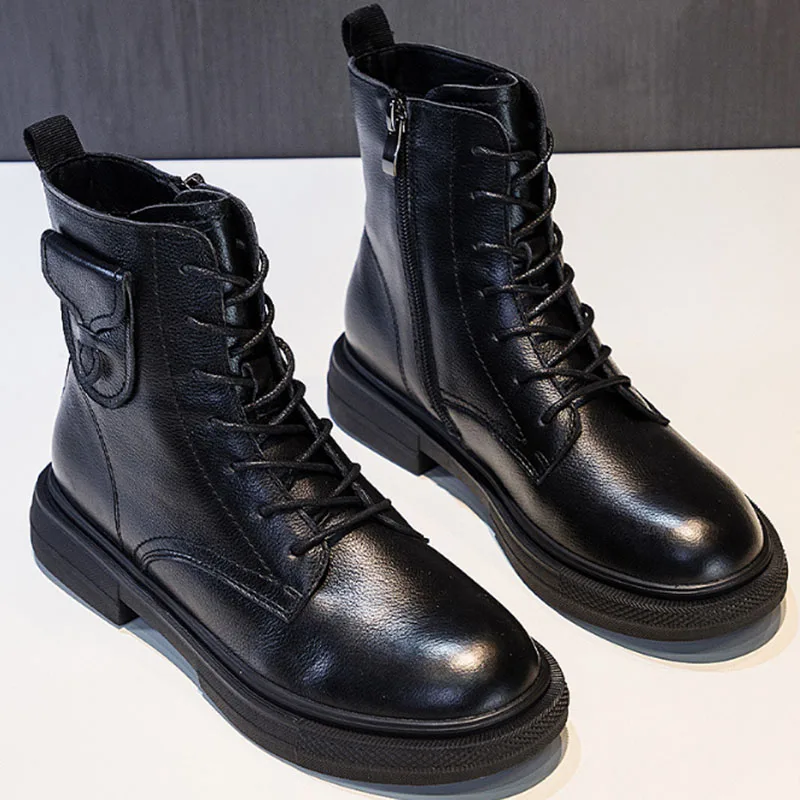 

Martin boots women's leather autumn / winter 2021 new British top leather Plush women's flat bottom boots women's leather boots