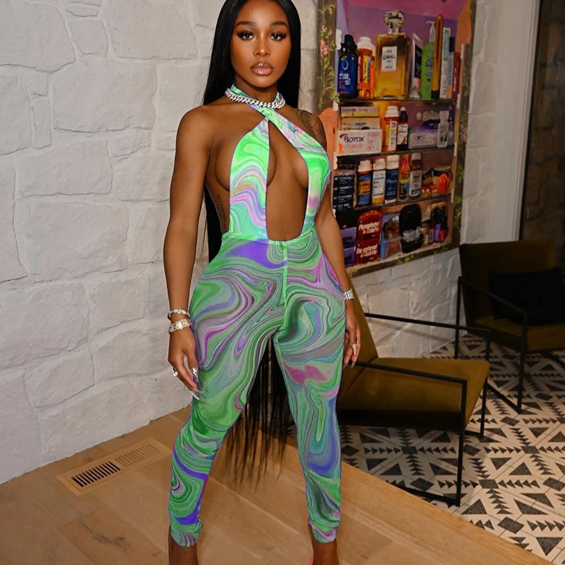 2021 Print Mesh Jumpsuit See Through Women Skinny Criss Cross Hipster High Waist Sexy Backless Club Streetwear Summer Outfit