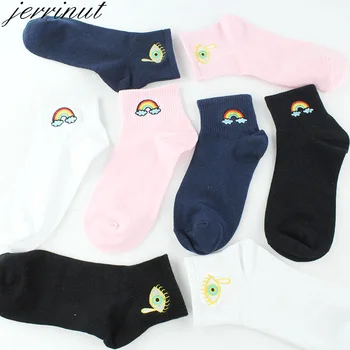 

Jerrinut 1Pair Socks Women Fashion Korean Style Rainbow Striped Cartoon Kawaii Cute Cotton Warm Spring Summer Funny Socks