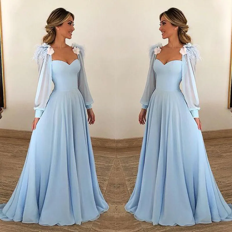 Long Lantern Sleeves Flowing Prom Dress 