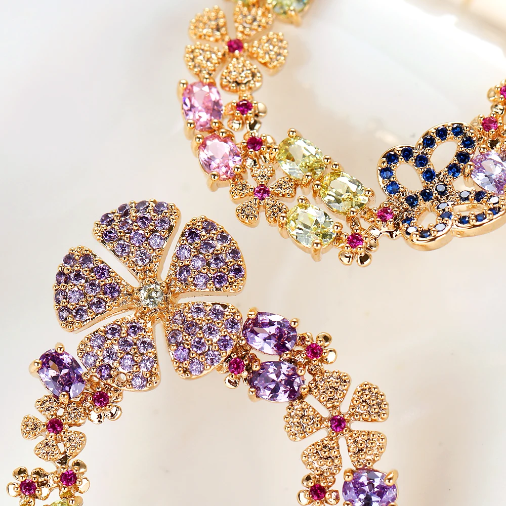 New Luxury Round Flower Women Stud Earrings Inlay Multicolor Zirconia Big Studs for Dubai Wedding Bridal Earing Fashion Jewelry