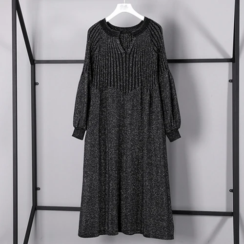 XITAO Плиссированное вязаное свободное платье женская одежда пуловер лоскутное элегантное платье в этническом стиле повседневное осеннее платье WQR2031 - Цвет: black   WQR2031