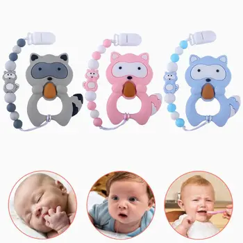 

Cartoon Animal Raccoon Tooth Gel Pacifier Chain Newborn Silicone Nipple Clip Baby Teether Set E65D
