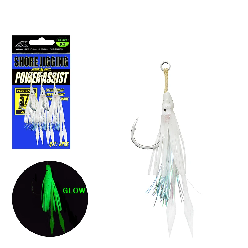 3 Sets/Bag JK PAOC Power Jig Hooks Luminous Rubber Squid Bait Skirt  Saltwater Single Barbed Fishing Hook - AliExpress