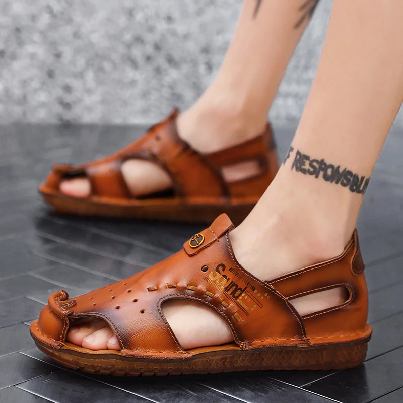 Сандалии мужские из натуральной кожи дышащие уличные модные повседневные