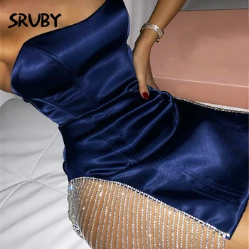 

Sruby Blue Off Shoulder Sexy Bodycon Summer Dress Women Diamond-studded Nightclub Party Dresses Mini Tassel Dress Satin 2020