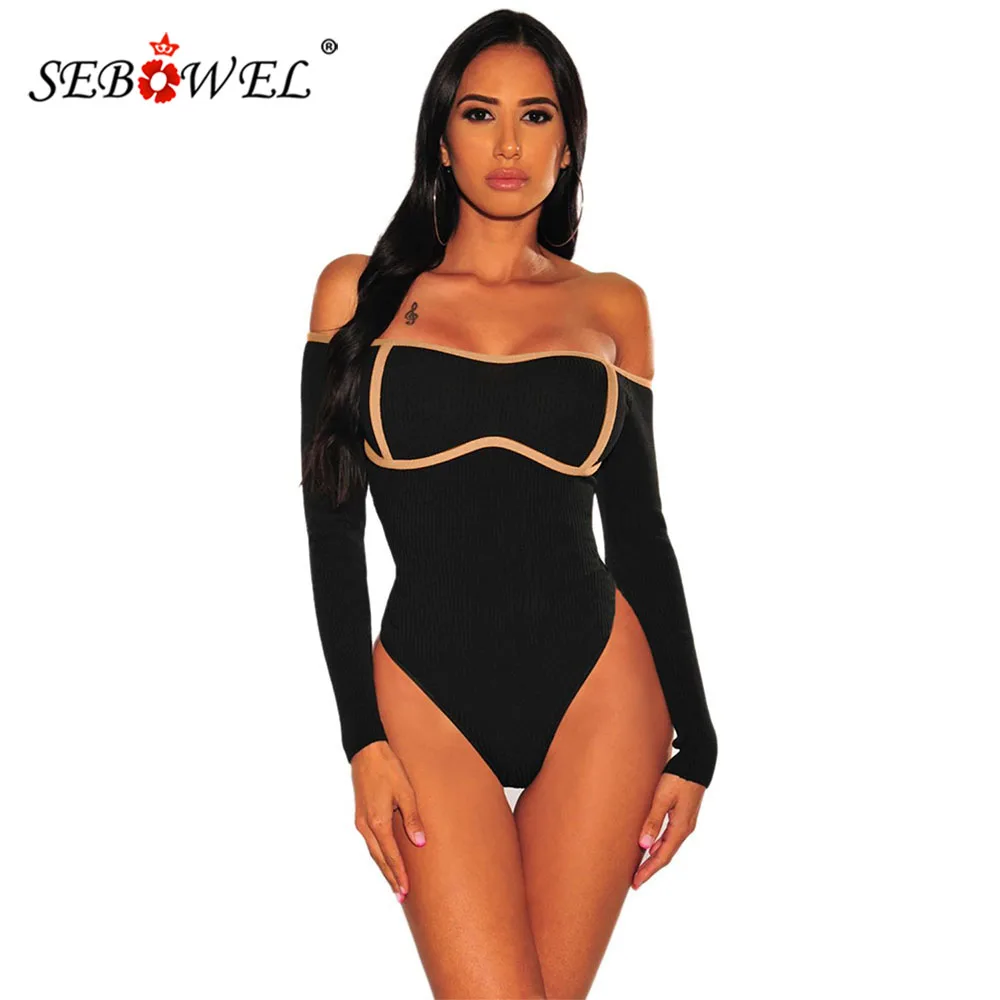 

SEBOWEL Casual Long Sleeve Ribbed Knit Trim Off Shoulder Black Bodysuit for Woman Female Body Top Clothes Autumn Spring 2019 New