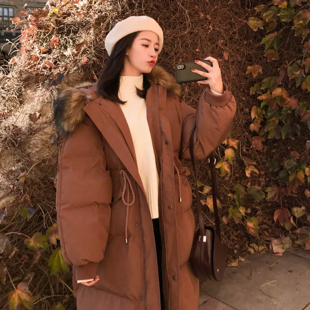 

Photo Shoot CHIC Korean-style Oversize Maple Leaf Red Large Fur Collar Hooded Cotton Overcoat Women's Drawstring Waist Hugging d