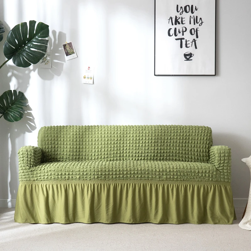 Европейский эластичный чехол на диван универсальный все включено стрейч один двойной три Четырехместный сплошной цвет пузырь юбка диване чехлы - Цвет: green