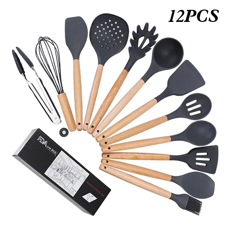 12PcsSiliconeCookingToolsKitchenUtensilsSetWoodenHandle