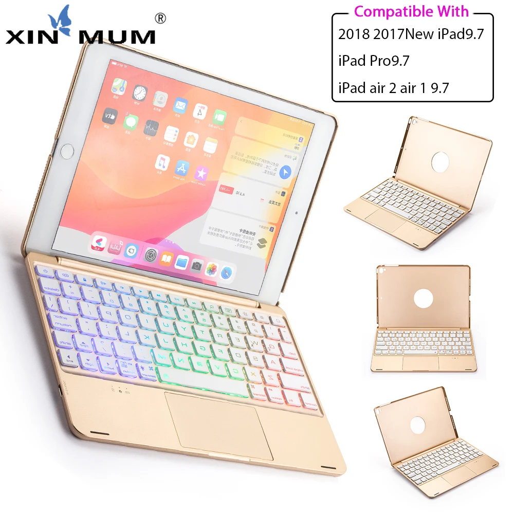 

Bluetooth English Keyboard For iPad 9.7 2018 2017/ iPad Pro 9.7/ iPad Air 1 Air 2 Aluminum Alloy Backlit Tablet Protective Case