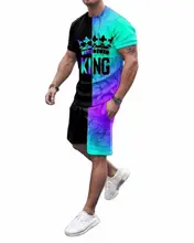 2021 new 3D gradient crown stitching men's round neck T-shirt suit fashion men's and women's T-shirt + shorts sportswear